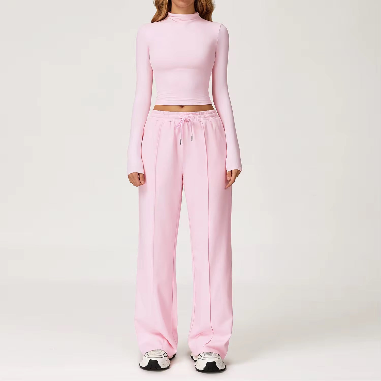 Matching Lounge Set – Long-Sleeve Crop & Wide-Leg Pants