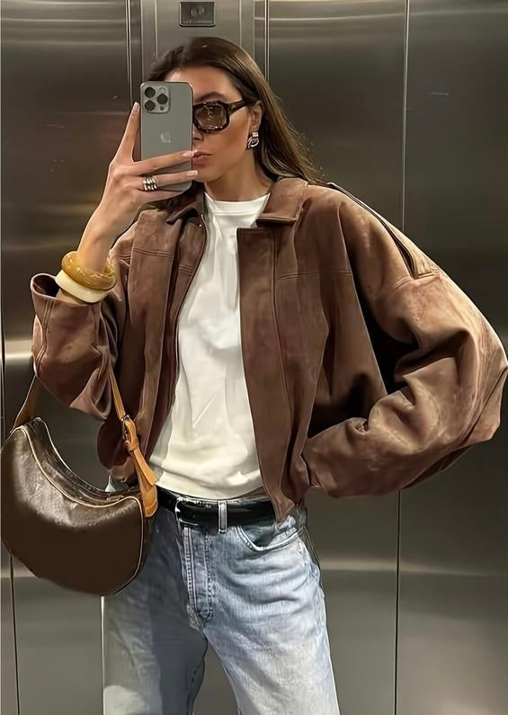 Vintage Oversized Suede Bomber Jacket - Relaxed Zip Fit