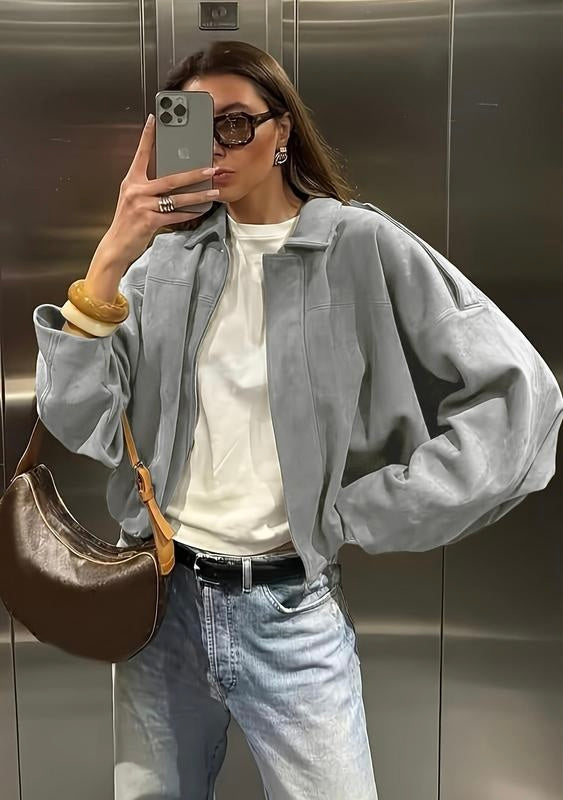 Vintage Oversized Suede Bomber Jacket - Relaxed Zip Fit