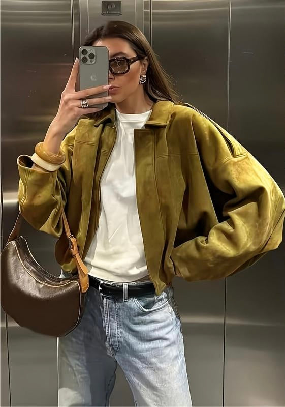 Vintage Oversized Suede Bomber Jacket - Relaxed Zip Fit