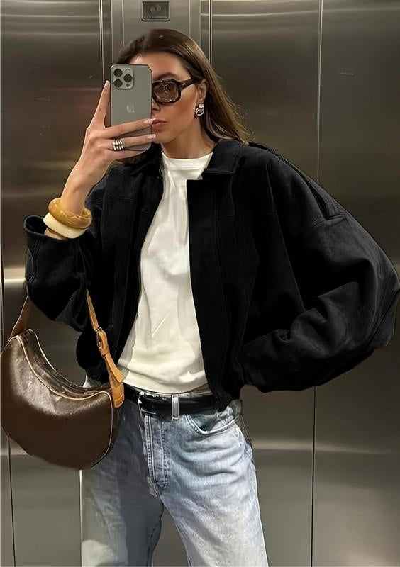 Vintage Oversized Suede Bomber Jacket - Relaxed Zip Fit