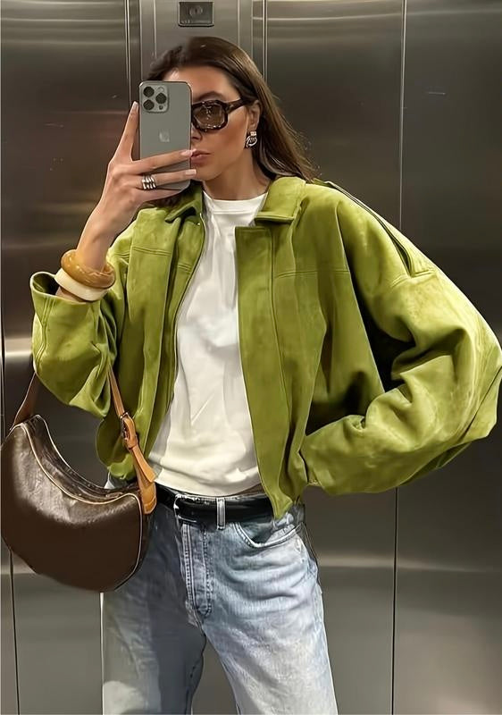 Vintage Oversized Suede Bomber Jacket - Relaxed Zip Fit