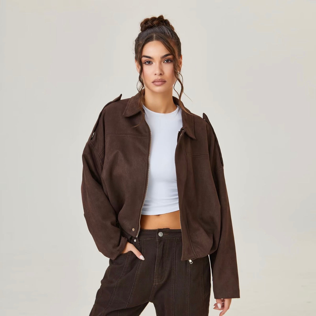 Vintage Oversized Suede Bomber Jacket - Relaxed Zip Fit