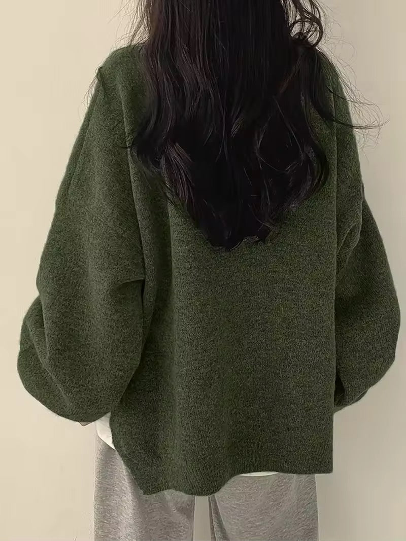 Round Neck Knit Sweater – Long Sleeve Split Hem