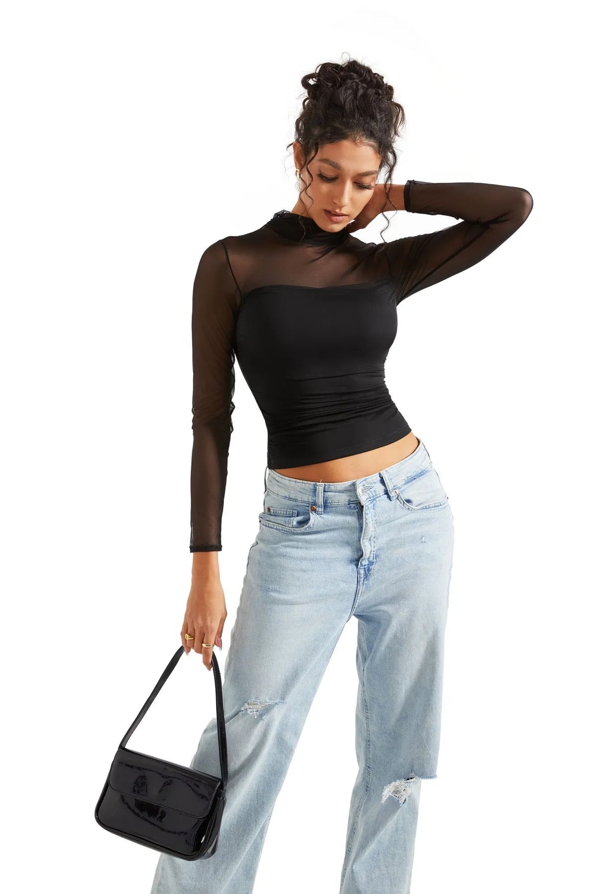 Contour Turtleneck Mesh Bodysuit – Sculpt Fit, Sheer Long Sleeves