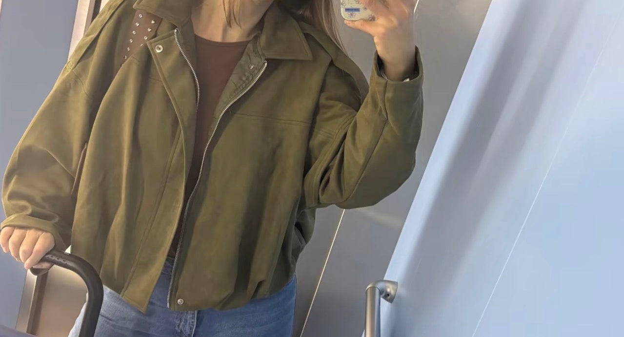 PHOTO Vintage Oversized Suede Bomber Jacket - Relaxed Zip Fit