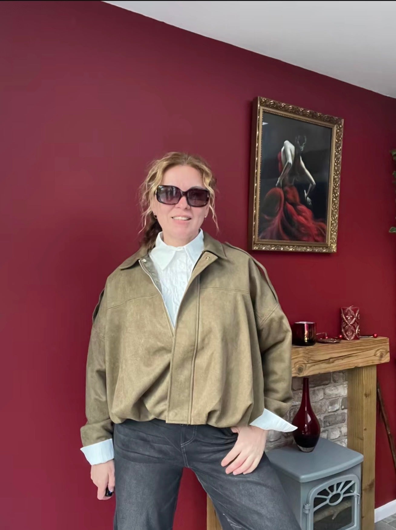 PHOTO Vintage Oversized Suede Bomber Jacket - Relaxed Zip Fit