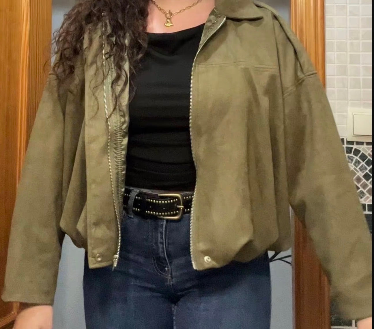 PHOTO Vintage Oversized Suede Bomber Jacket - Relaxed Zip Fit