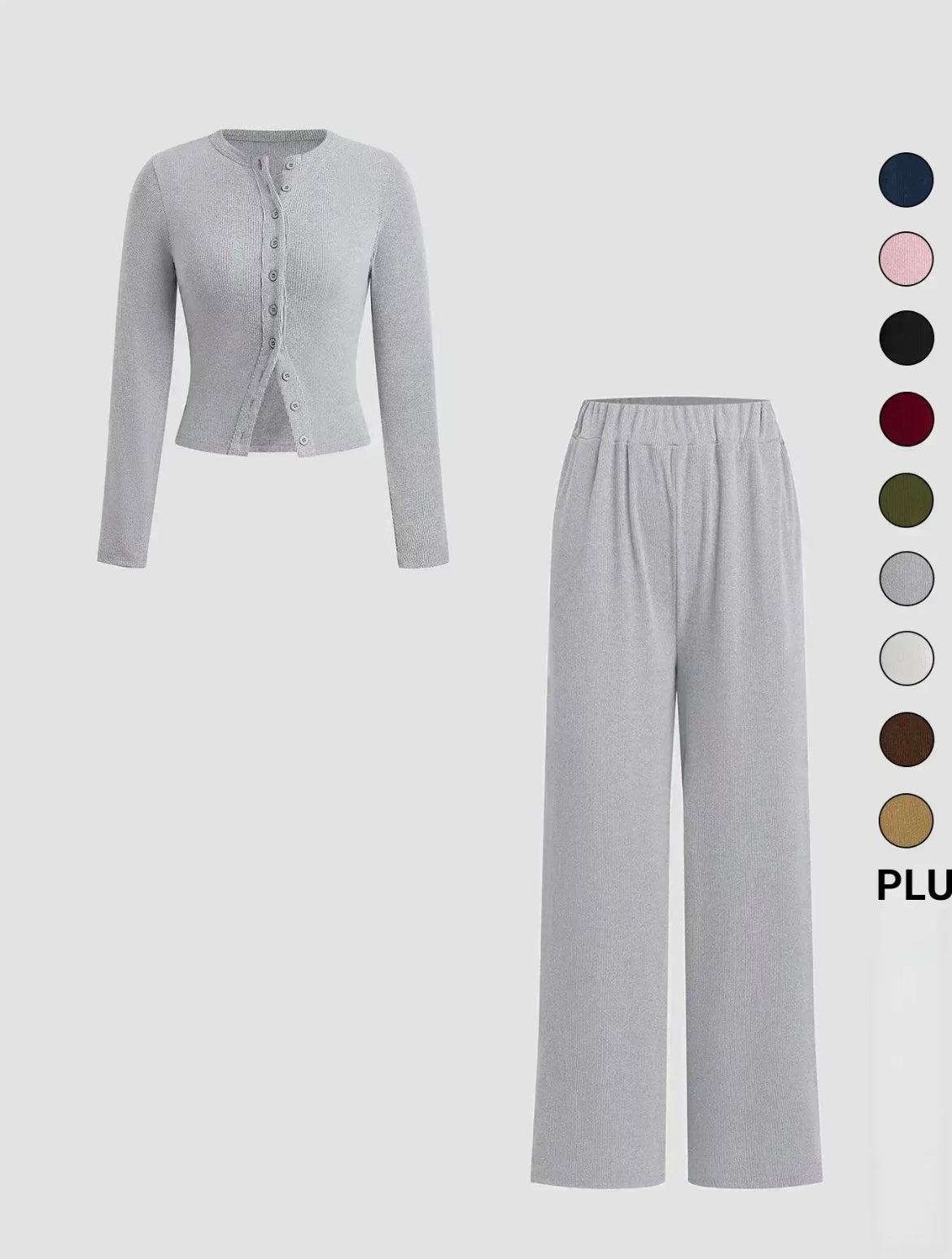 Two-piece Set Women's Solid Button Front Ribbed Crop Top & Elastic Waist Pants, Casual Long Sleeve Round Neck Top & Trousers 2 Piece Set for Spring & Fall, Women's Clothes for Daily Wear