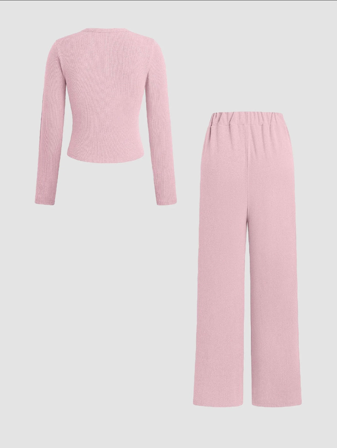 Two-piece Set Women's Solid Button Front Ribbed Crop Top & Elastic Waist Pants, Casual Long Sleeve Round Neck Top & Trousers 2 Piece Set for Spring & Fall, Women's Clothes for Daily Wear