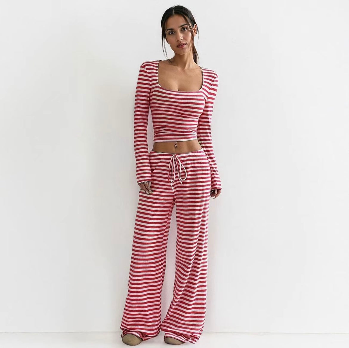 Two-Piece Stripe Set – Square-Neck Crop & Drawstring Wide-Leg Pants
