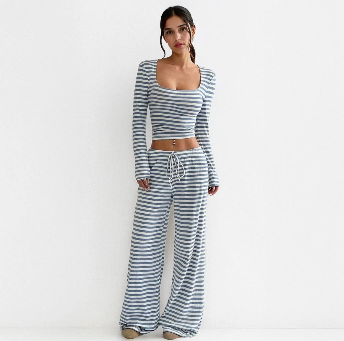 Two-Piece Stripe Set – Square-Neck Crop & Drawstring Wide-Leg Pants