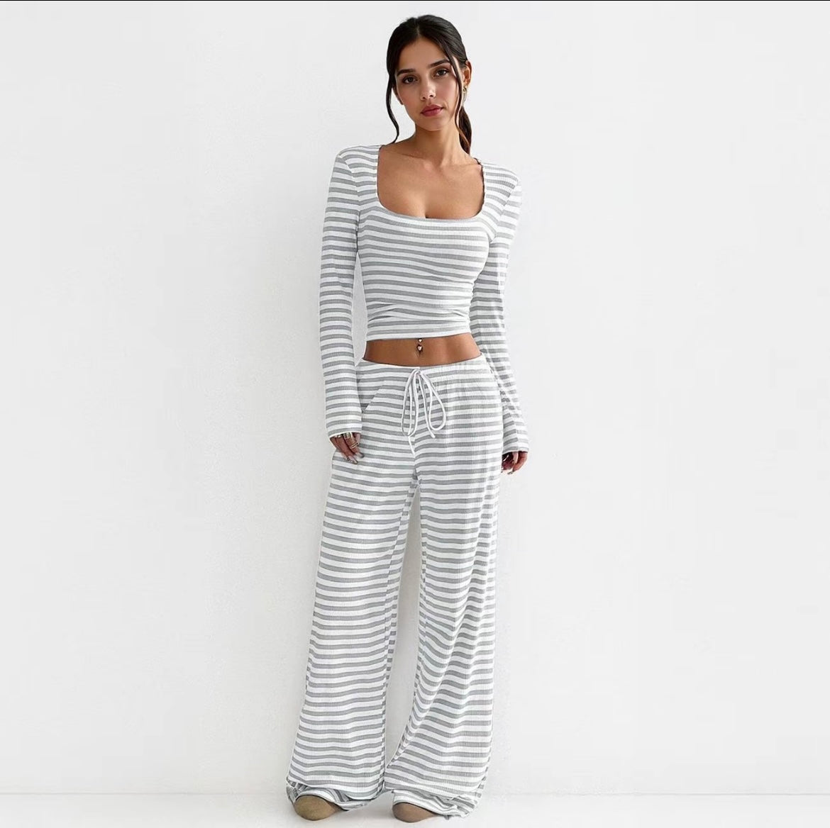 Two-Piece Stripe Set – Square-Neck Crop & Drawstring Wide-Leg Pants