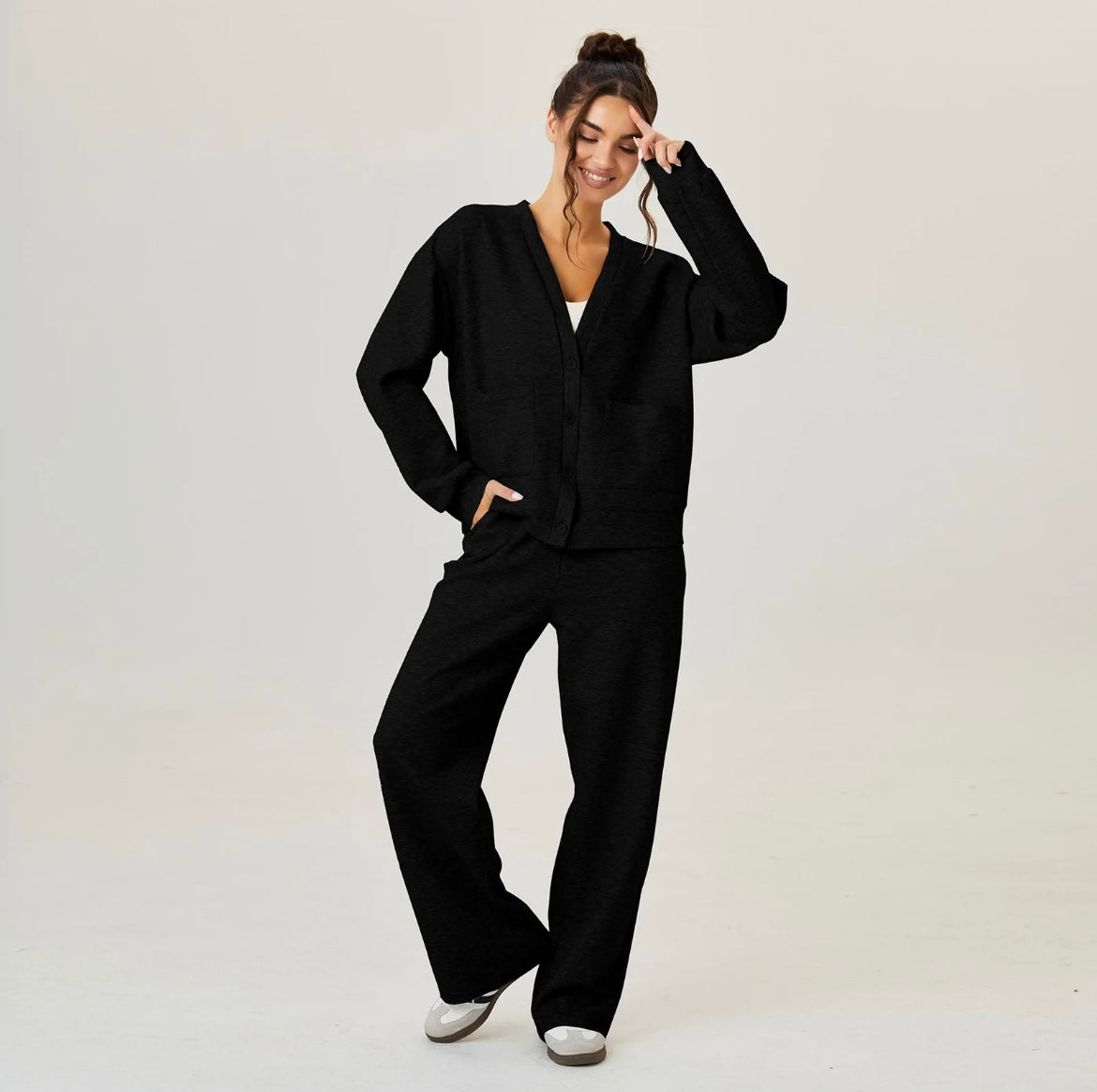 Slouchy V-Neck Cardigan & Drawstring Wide-Leg – Soft Lounge Co-ord