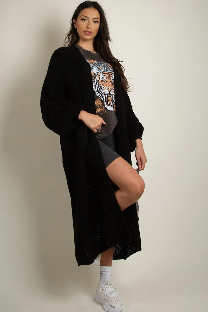 Puff-Sleeve Knit Cardigan – Open Front, Side Pockets