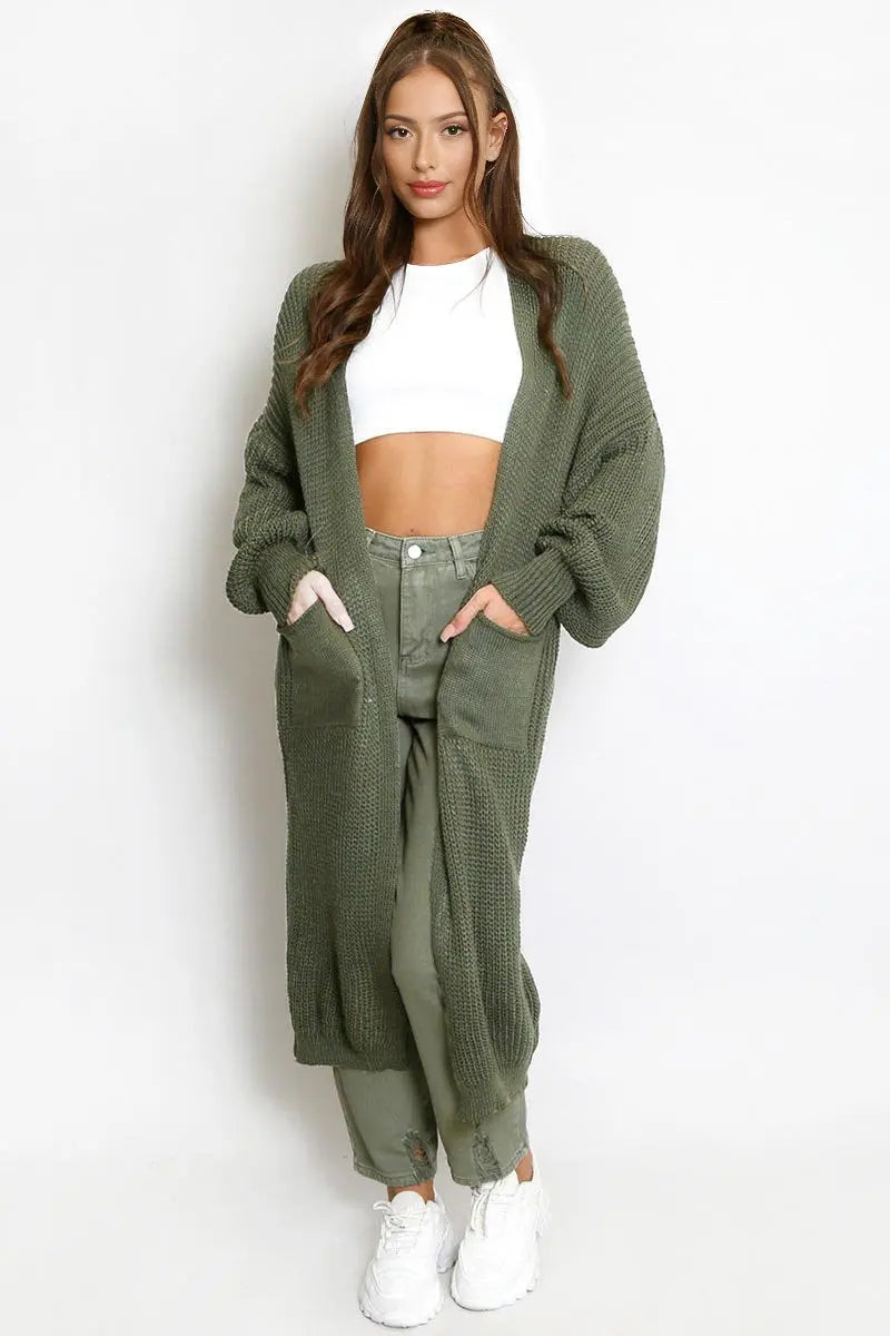 Puff-Sleeve Knit Cardigan – Open Front, Side Pockets