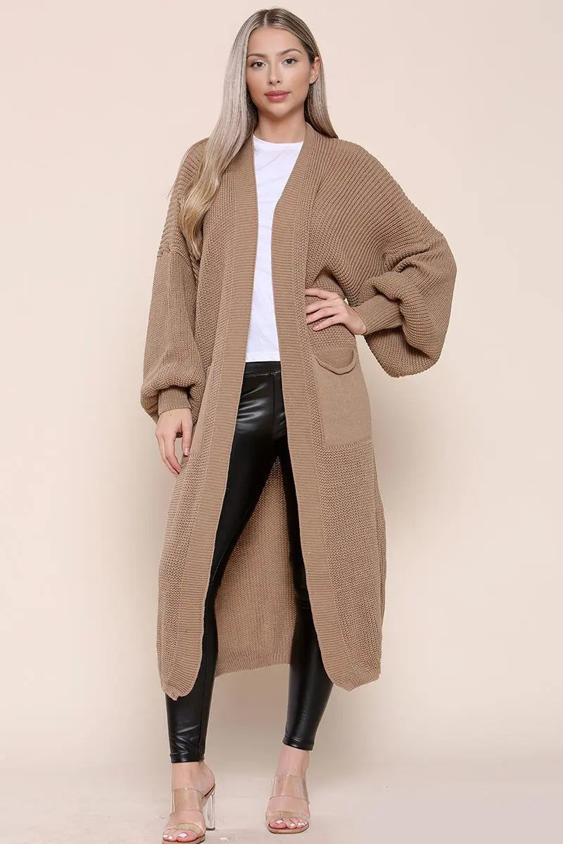 Puff-Sleeve Knit Cardigan – Open Front, Side Pockets