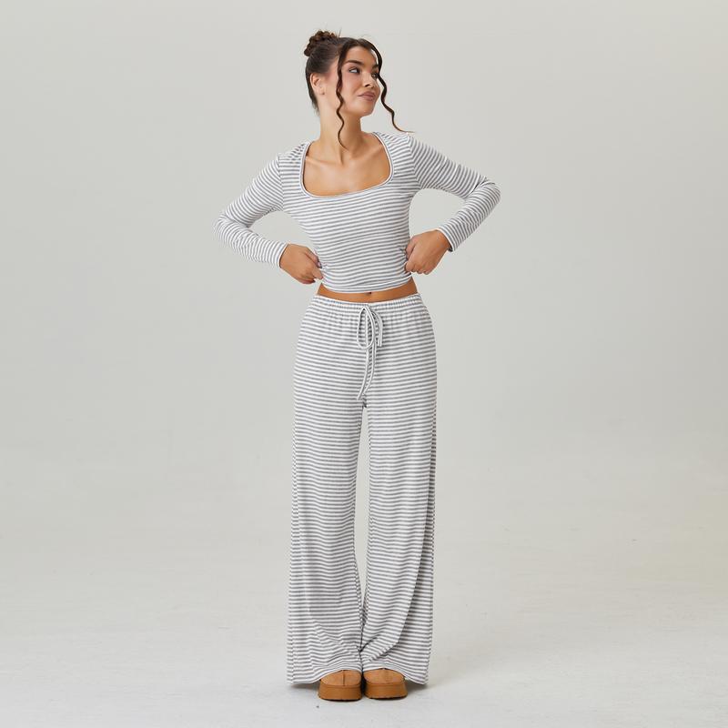 Two-Piece Stripe Set – Square-Neck Crop & Drawstring Wide-Leg Pants