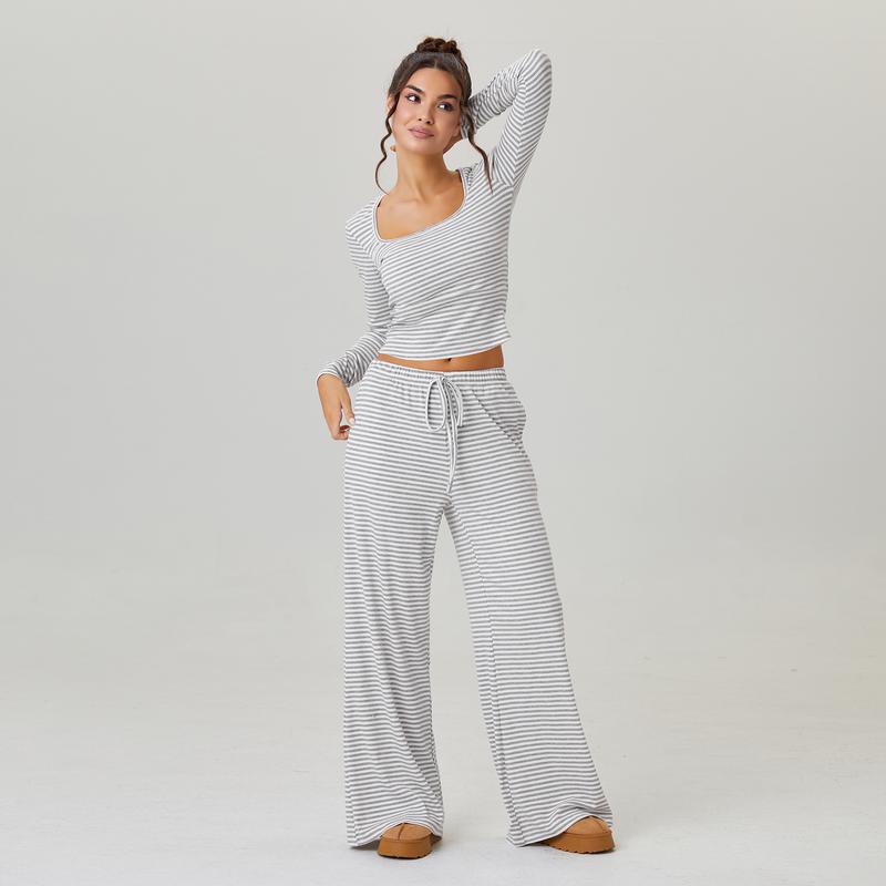 Two-Piece Stripe Set – Square-Neck Crop & Drawstring Wide-Leg Pants