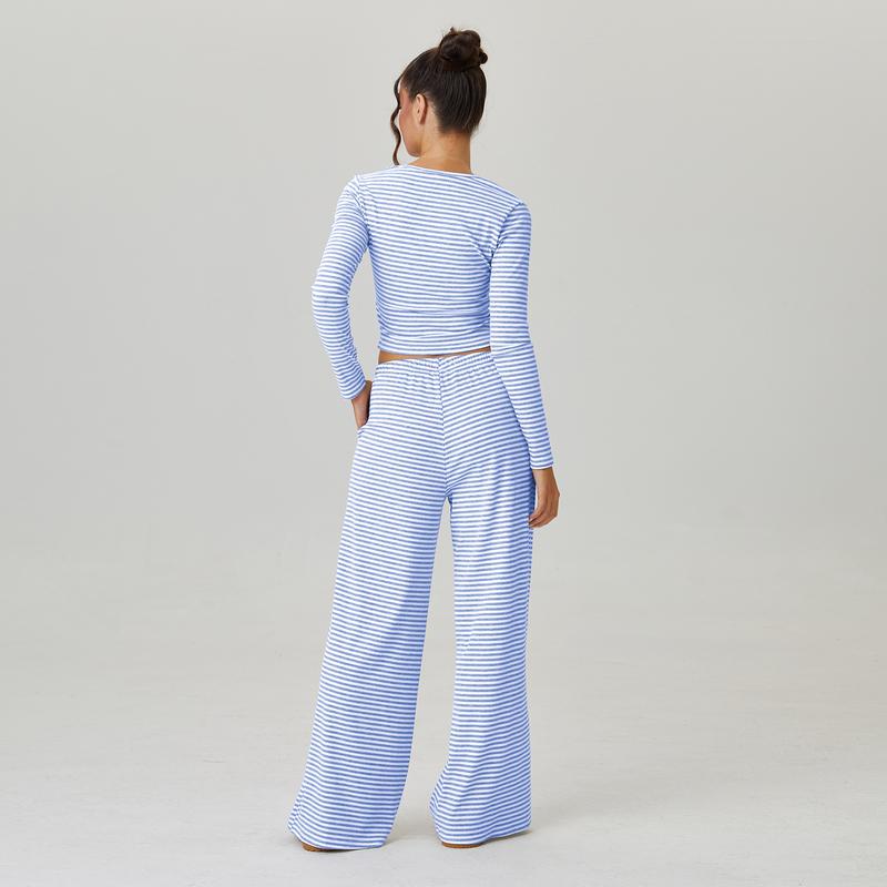 Two-Piece Stripe Set – Square-Neck Crop & Drawstring Wide-Leg Pants