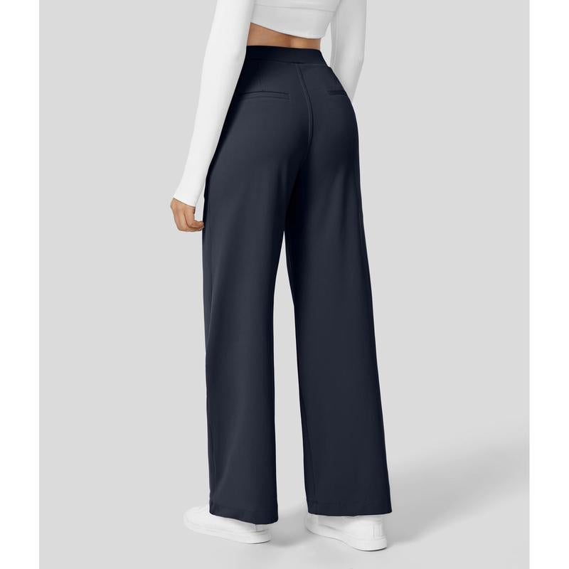 Flex High Waisted Plicated Side Pocket Straight Leg Work Pants
