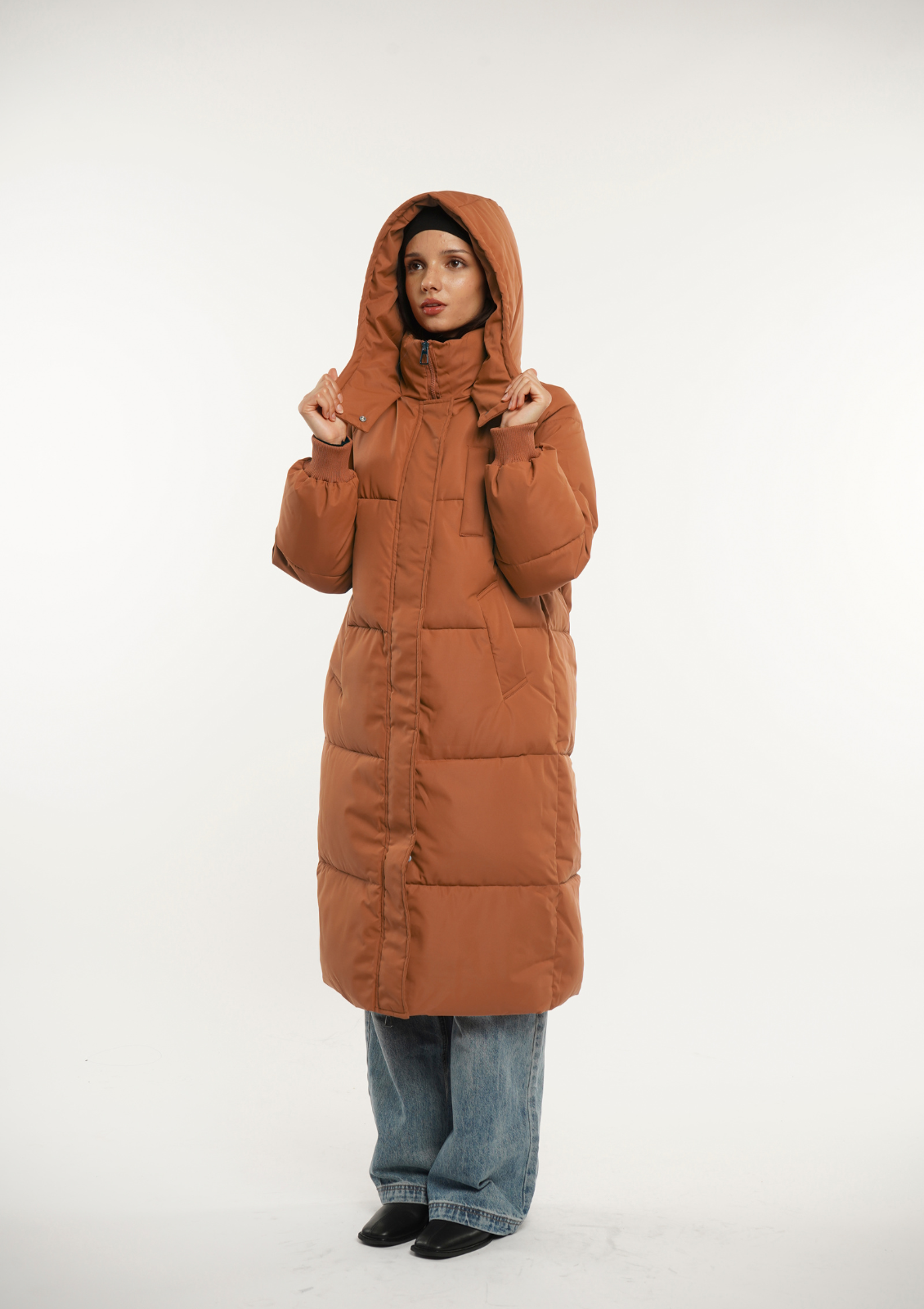 Hooded Long Puffer – Warm Hood & Deep Patch Pockets