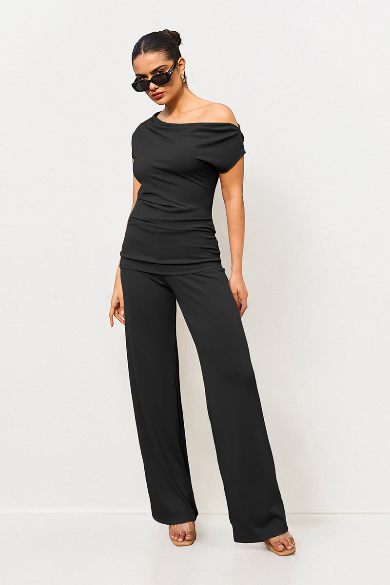 Sloping-Shoulder 2-Piece Set – Slim Top & High-Waist Wide-Leg