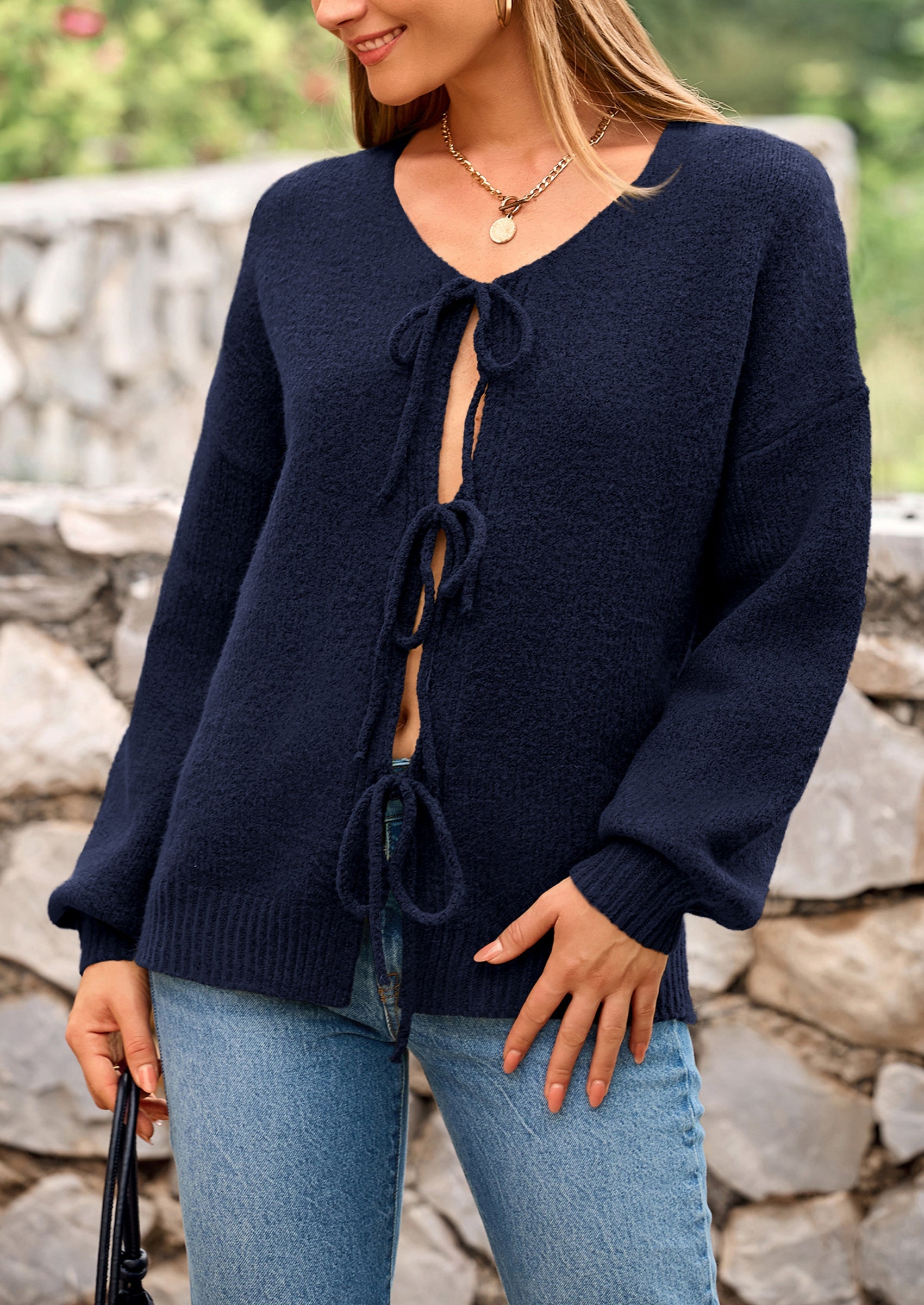 Tie-Front Bow Cardigan – Chunky Knit & Puff Sleeves