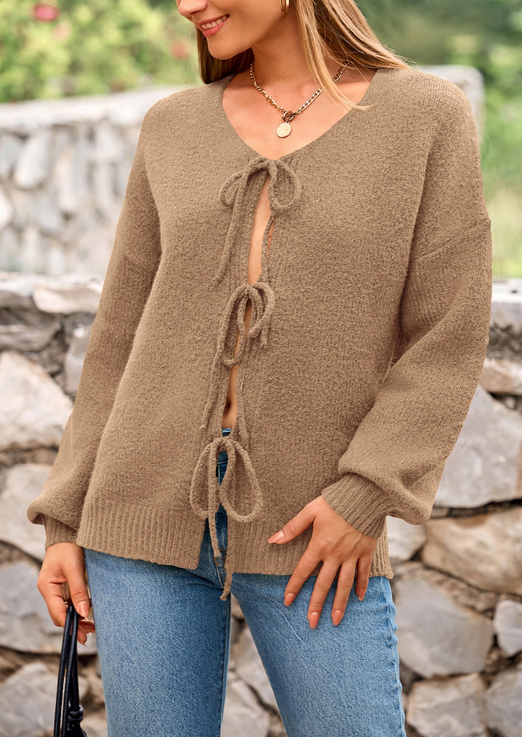 Tie-Front Bow Cardigan – Chunky Knit & Puff Sleeves