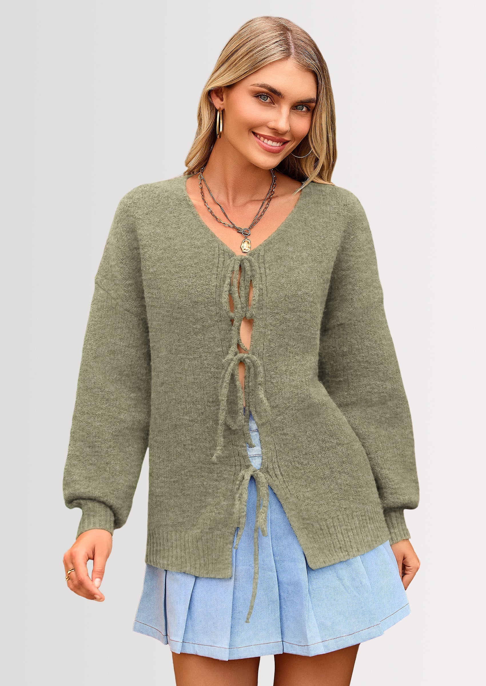 Tie-Front Bow Cardigan – Chunky Knit & Puff Sleeves