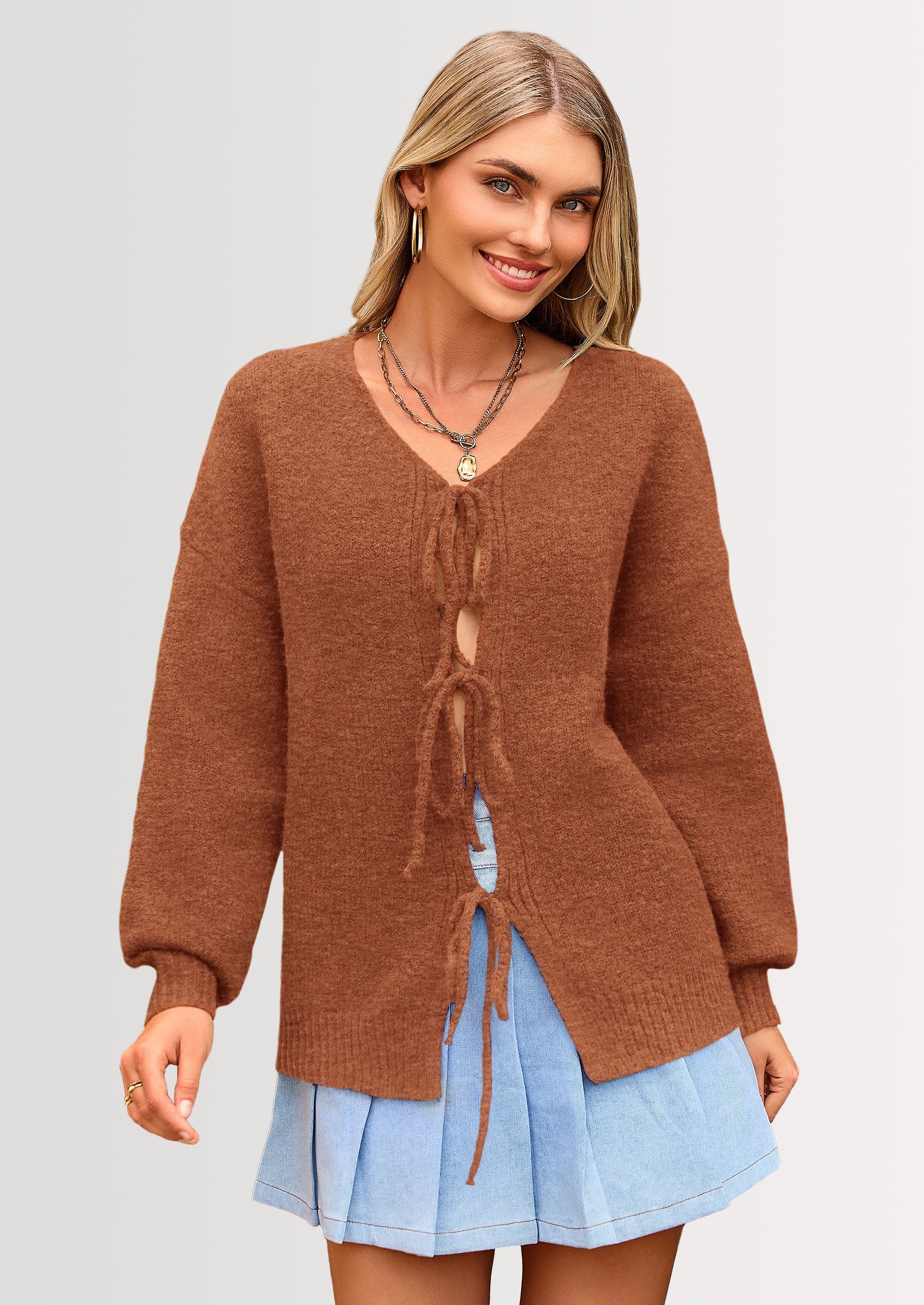 Tie-Front Bow Cardigan – Chunky Knit & Puff Sleeves