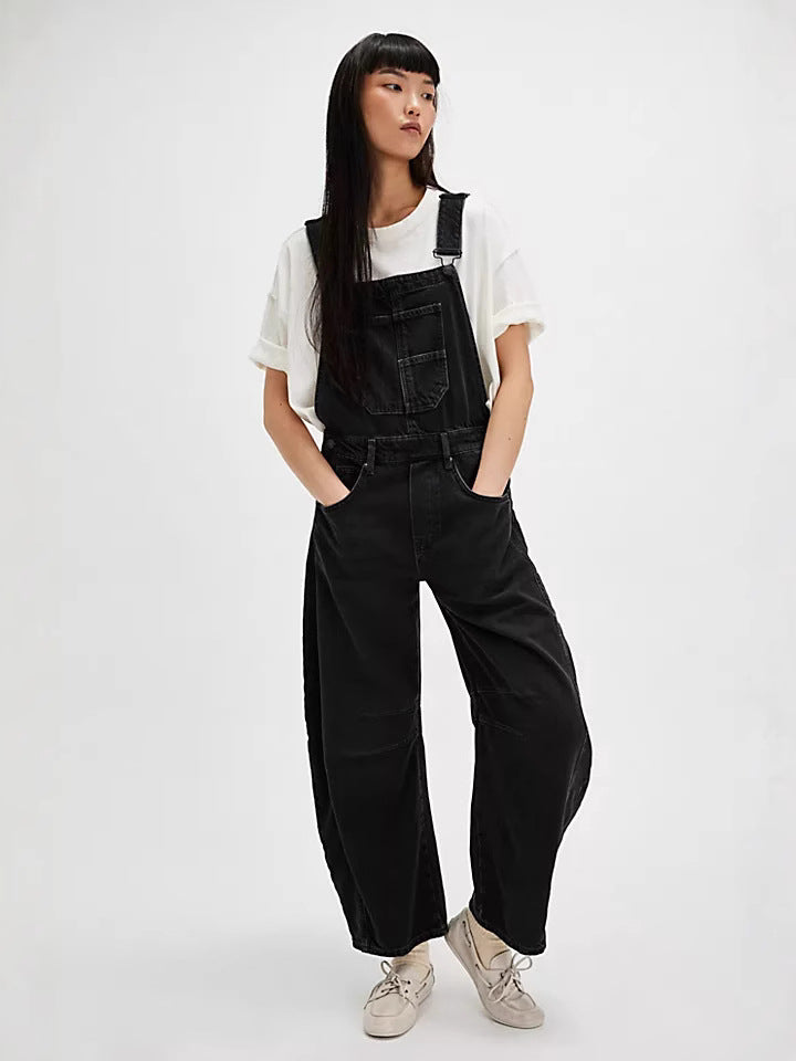 Wide-leg denim overalls - Relaxed Fit, Utility Pockets