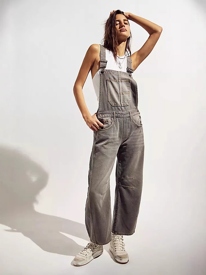 Wide-leg denim overalls - Relaxed Fit, Utility Pockets