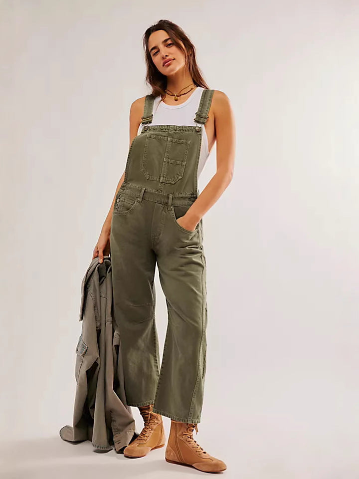 Wide-leg denim overalls - Relaxed Fit, Utility Pockets