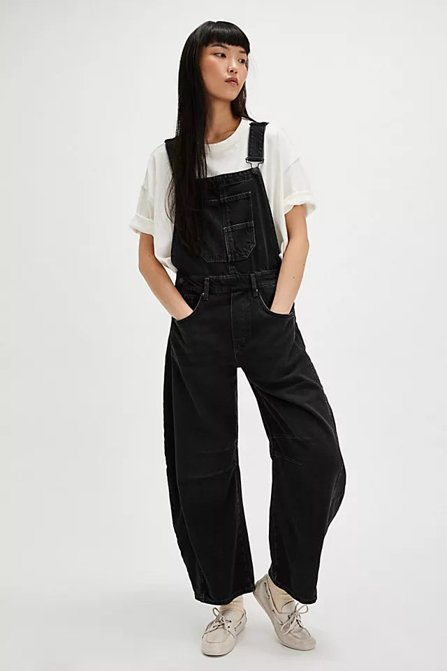 Wide-leg denim overalls - Relaxed Fit, Utility Pockets