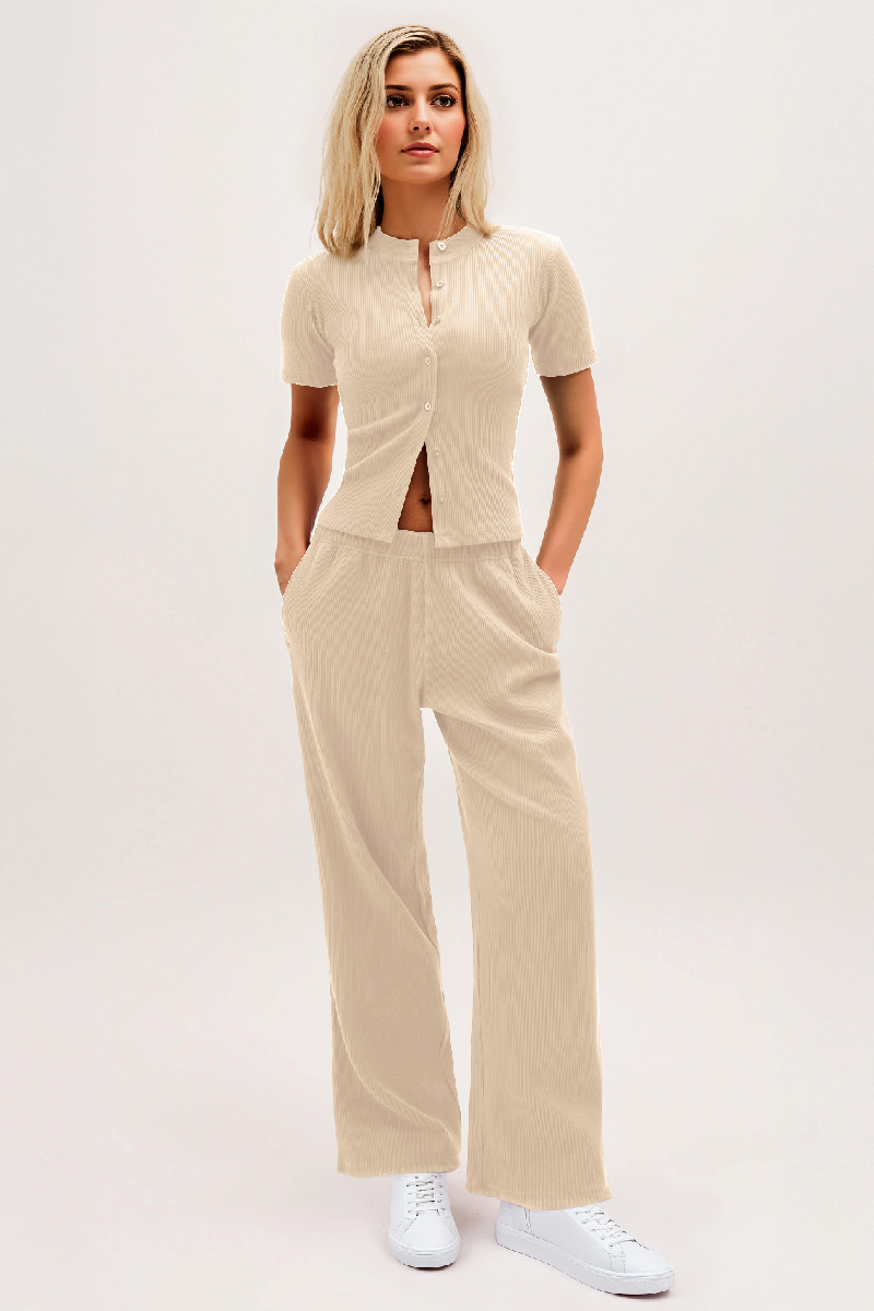 Short-Sleeve Button Top & Wide-Leg Trousers Set - Clean Minimal