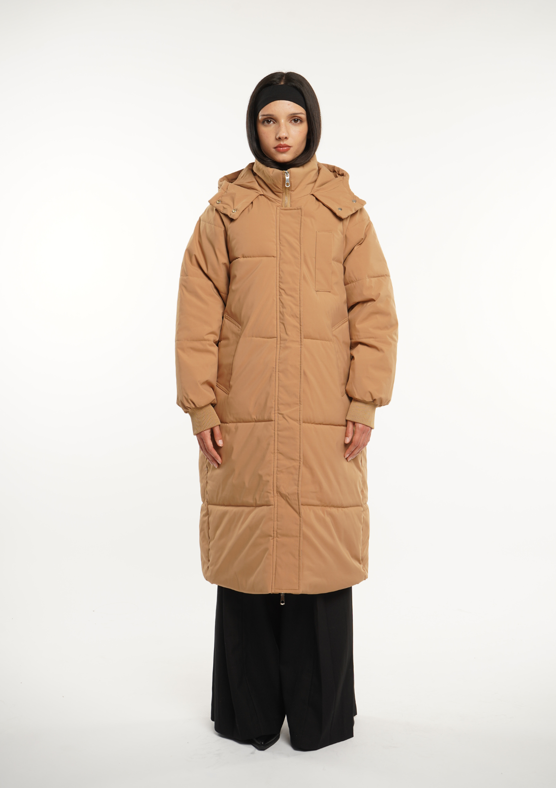 Hooded Long Puffer – Warm Hood & Deep Patch Pockets